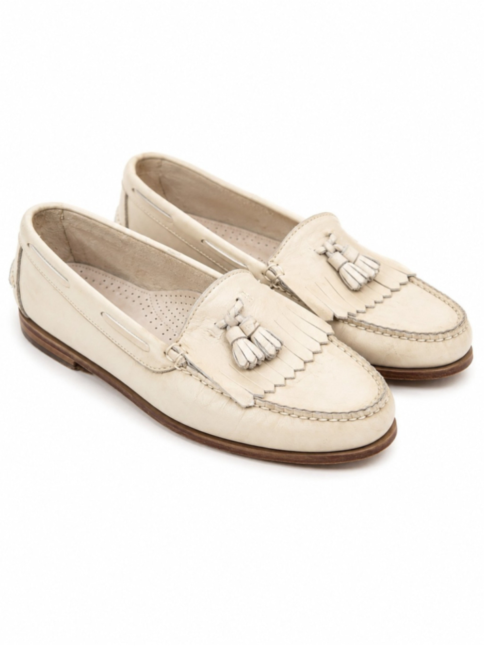 Bass Leather Tassel Loafers Womens Sz 10E Cream Ivory Kiltie Moccasins Quiet Lux